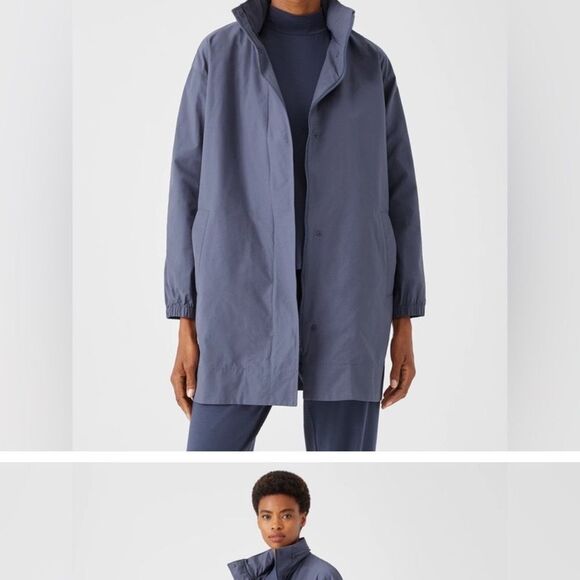 Eileen Fisher Stand Collar Hidden Hood Organic Cotton Blend Coat In Twilight Xs - Picture 14 of 14